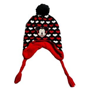 Disney Minnie Mouse Beanie Hat Girls Fleece-Lined Pom Pom Braided Red And Black